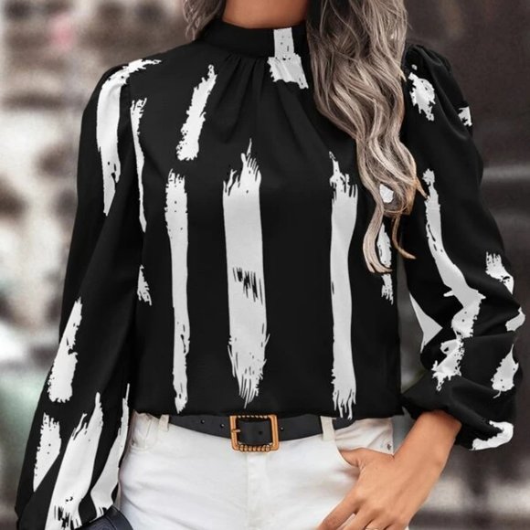Black white Brush Pattern Lantern long Sleeved Mock Neck Shirt Blouse Top - Picture 5 of 5